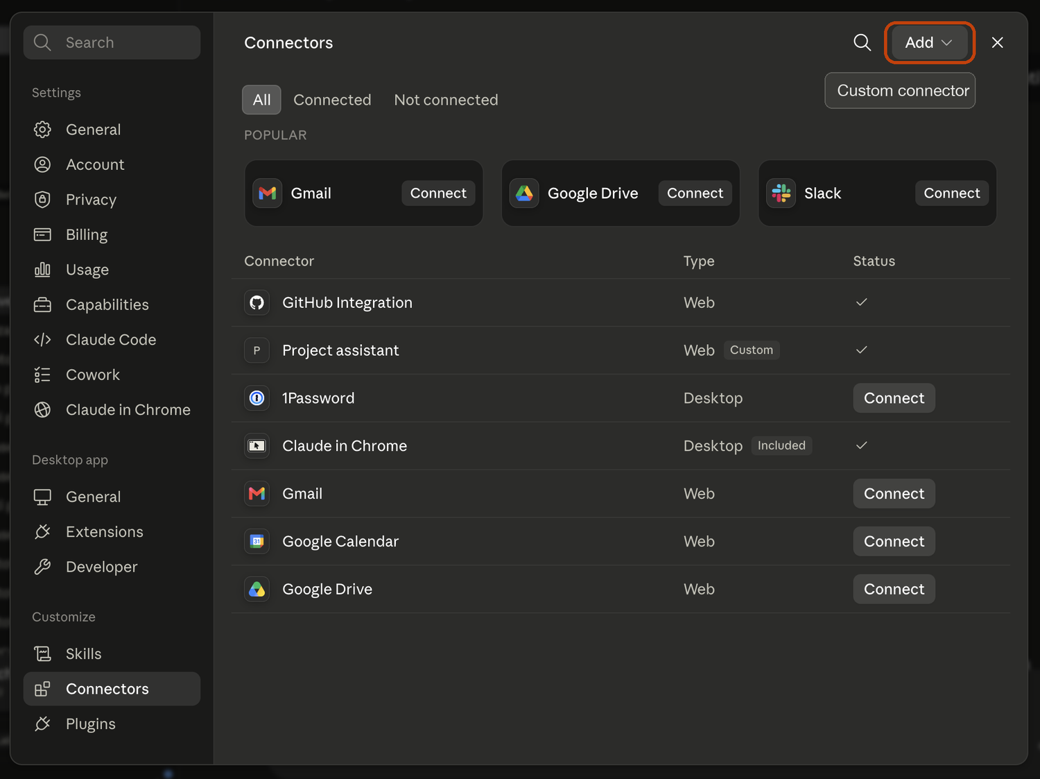 Claude settings — Connectors tab with the Add button and Custom connector option highlighted