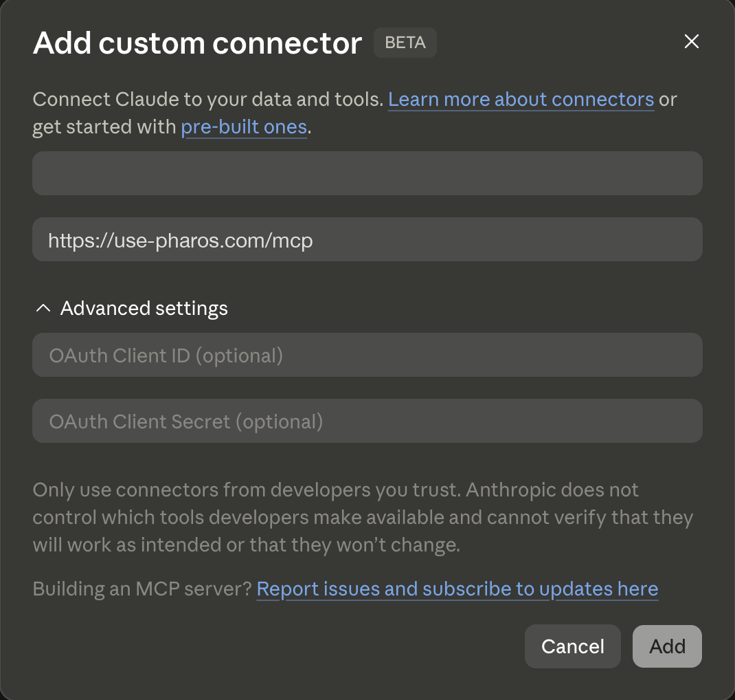 Claude's Add custom connector dialog with the Pharos server URL filled in